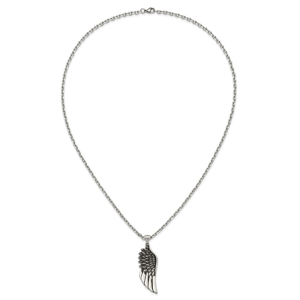 Chisel Stainless Steel Antiqued and Polished Wing Pendant on a 24 inch Cable Chain Necklace