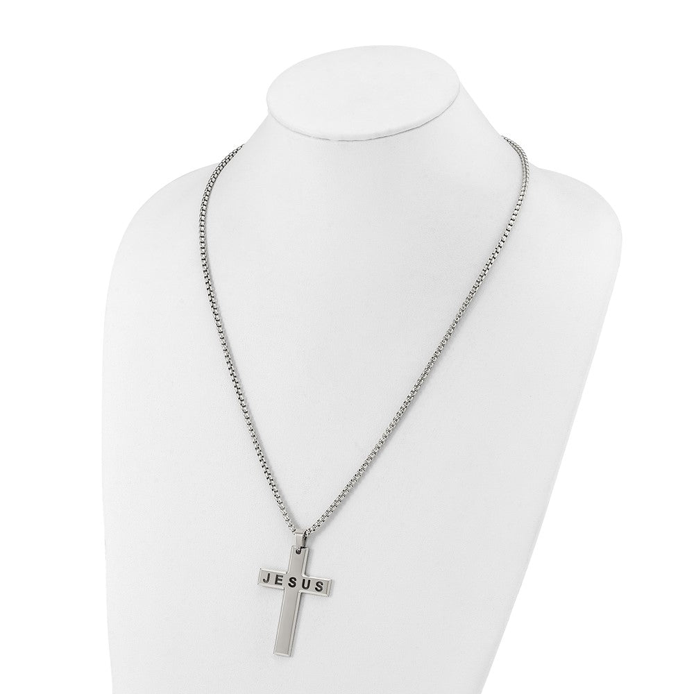Chisel Stainless Steel Polished Jesus Cross Pendant on a 24 inch Box Chain Necklace