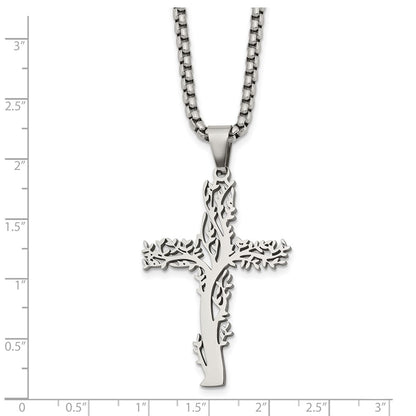 Chisel Stainless Steel Polished Tree Cross Pendant on a 24 inch Box Chain Necklace