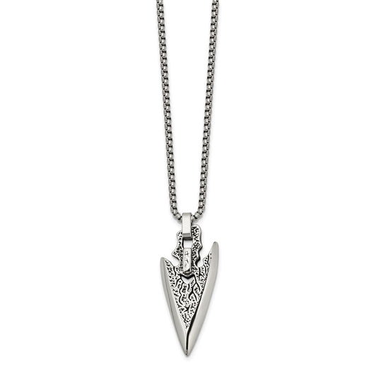 Chisel Stainless Steel Antiqued and Polished Arrowhead Pendant on a 24 inch Box Chain Necklace