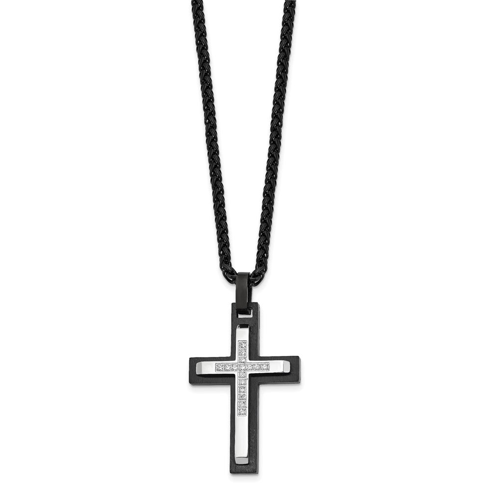 Chisel Stainless Steel Brushed and Polished Black IP-plated with CZ Cross Pendant on a 24 inch Wheat Chain Necklace