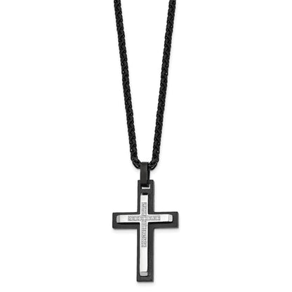 Chisel Stainless Steel Brushed and Polished Black IP-plated with CZ Cross Pendant on a 24 inch Wheat Chain Necklace