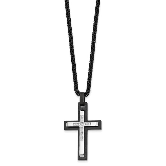 Chisel Stainless Steel Brushed and Polished Black IP-plated with CZ Cross Pendant on a 24 inch Wheat Chain Necklace