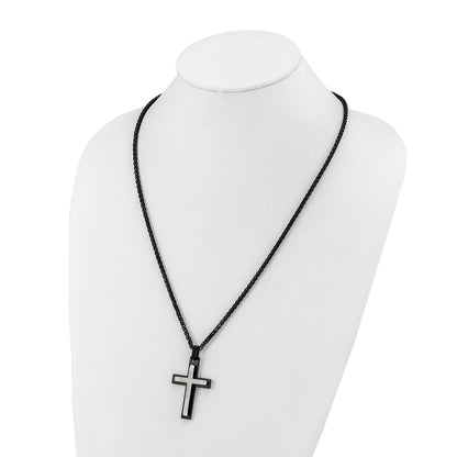 Chisel Stainless Steel Brushed and Polished Black IP-plated with CZ Cross Pendant on a 24 inch Wheat Chain Necklace