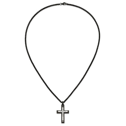 Chisel Stainless Steel Brushed and Polished Black IP-plated with CZ Cross Pendant on a 24 inch Wheat Chain Necklace
