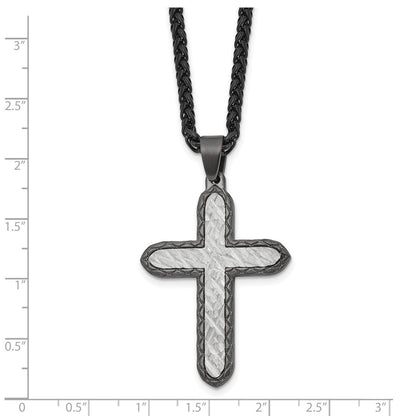Chisel Stainless Steel Brushed and Textured Gun Metal IP-plated Cross on a 24 inch Wheat Chain Necklace