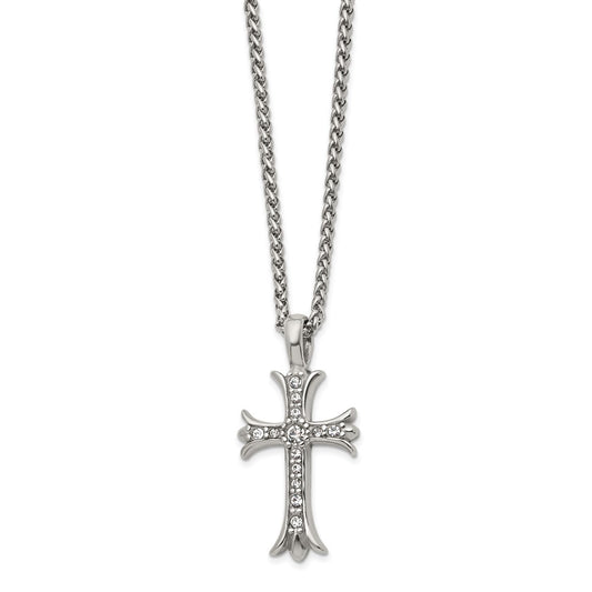 Chisel Stainless Steel Polished with CZ Fancy Cross Pendant on a 24 inch Wheat Chain Necklace