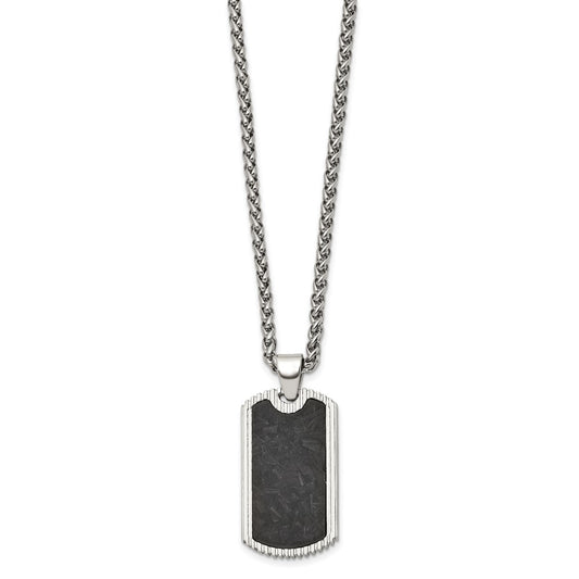 Chisel Stainless Steel Polished with Black Carbon Fiber Inlay Dog Tag on a 24 inch Wheat Chain Necklace