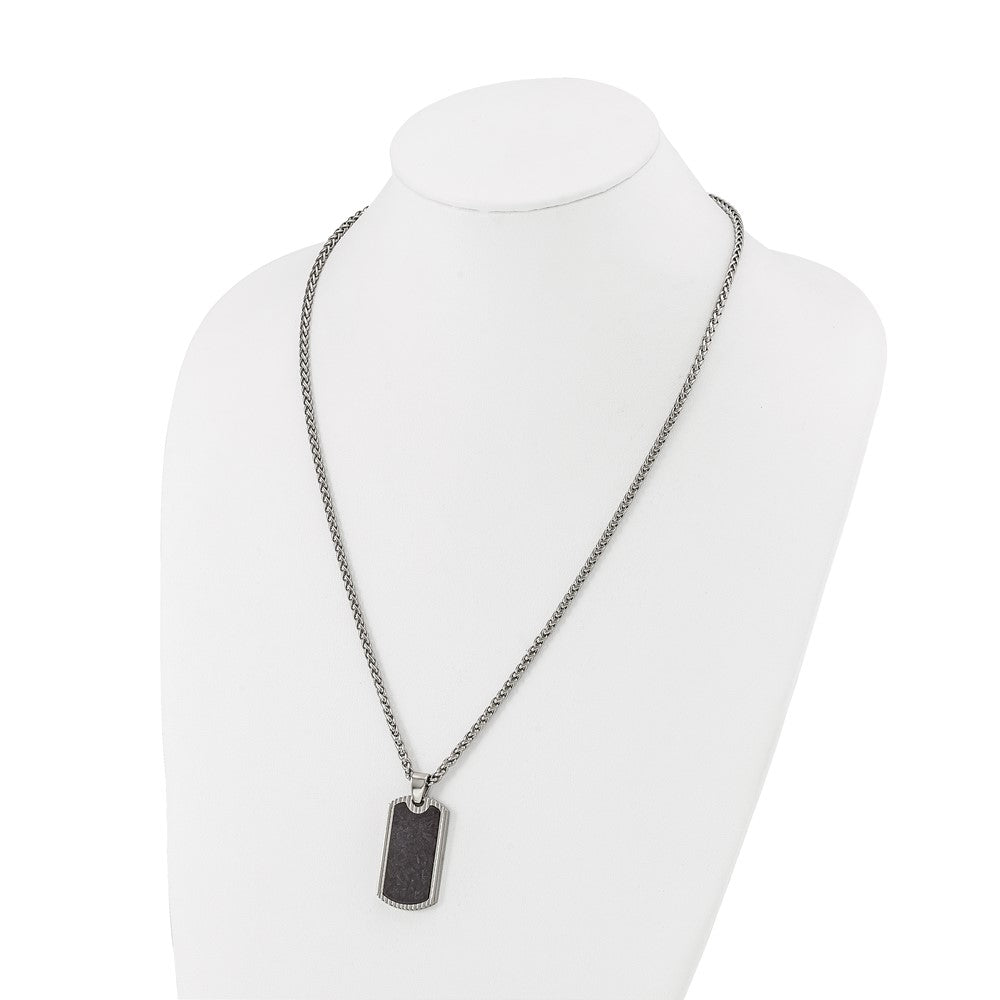 Chisel Stainless Steel Polished with Black Carbon Fiber Inlay Dog Tag on a 24 inch Wheat Chain Necklace