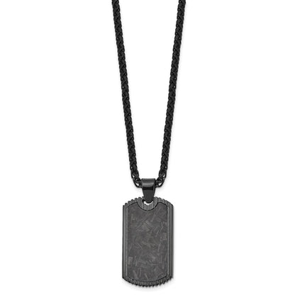 Chisel Stainless Steel Polished Black IP-plated with Black Carbon Fiber Inlay Dog Tag on a 24 inch Wheat Chain Necklace