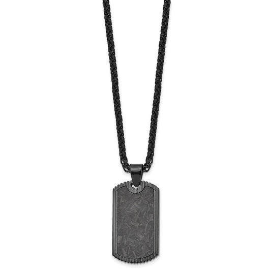 Chisel Stainless Steel Polished Black IP-plated with Black Carbon Fiber Inlay Dog Tag on a 24 inch Wheat Chain Necklace