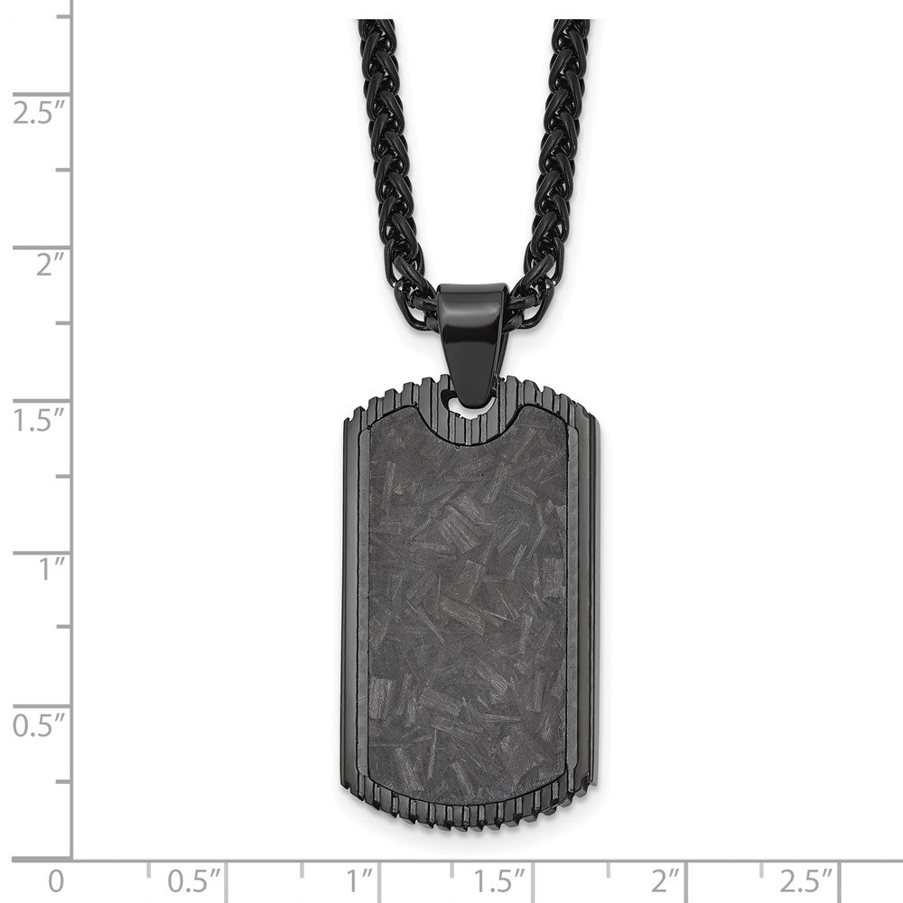 Chisel Stainless Steel Polished Black IP-plated with Black Carbon Fiber Inlay Dog Tag on a 24 inch Wheat Chain Necklace
