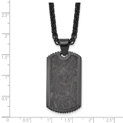 Chisel Stainless Steel Polished Black IP-plated with Black Carbon Fiber Inlay Dog Tag on a 24 inch Wheat Chain Necklace