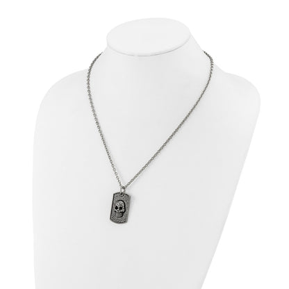 Chisel Stainless Steel Antiqued and Polished Skull Dog Tag on a 24 inch Cable Chain Necklace