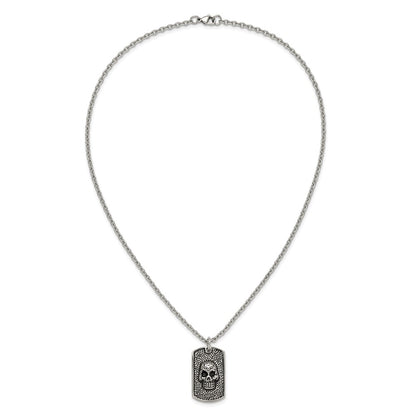 Chisel Stainless Steel Antiqued and Polished Skull Dog Tag on a 24 inch Cable Chain Necklace