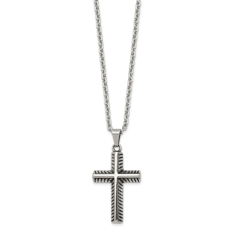Chisel Stainless Steel Antiqued and Polished Textured Edge Cross Pendant on a 24 inch Cable Chain Necklace