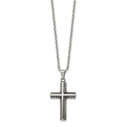 Chisel Stainless Steel Antiqued and Polished Textured Edge Cross Pendant on a 24 inch Cable Chain Necklace