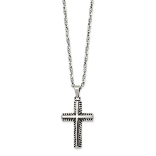 Chisel Stainless Steel Antiqued and Polished Textured Edge Cross Pendant on a 24 inch Cable Chain Necklace