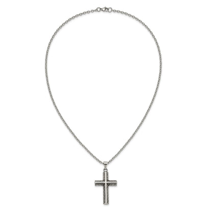 Chisel Stainless Steel Antiqued and Polished Textured Edge Cross Pendant on a 24 inch Cable Chain Necklace