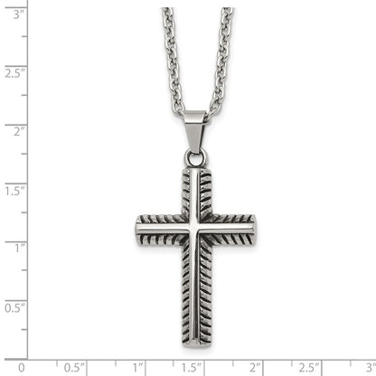 Chisel Stainless Steel Antiqued and Polished Textured Edge Cross Pendant on a 24 inch Cable Chain Necklace