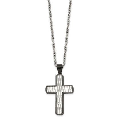 Chisel Stainless Steel Polished Diamond-cut  Black IP-plated Cross Pendant on a 24 inch Cable Chain Necklace
