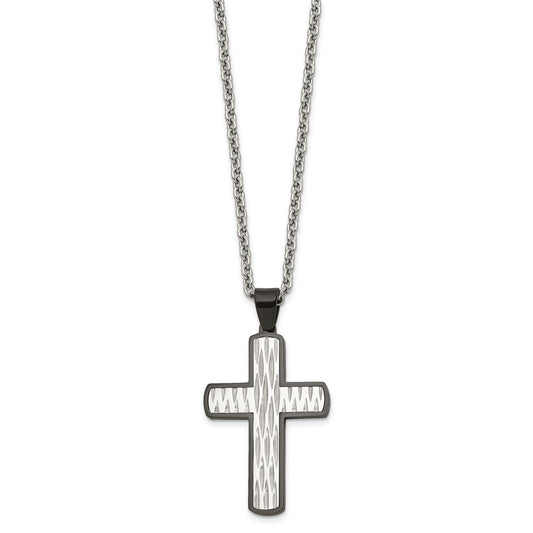 Chisel Stainless Steel Polished Diamond-cut  Black IP-plated Cross Pendant on a 24 inch Cable Chain Necklace