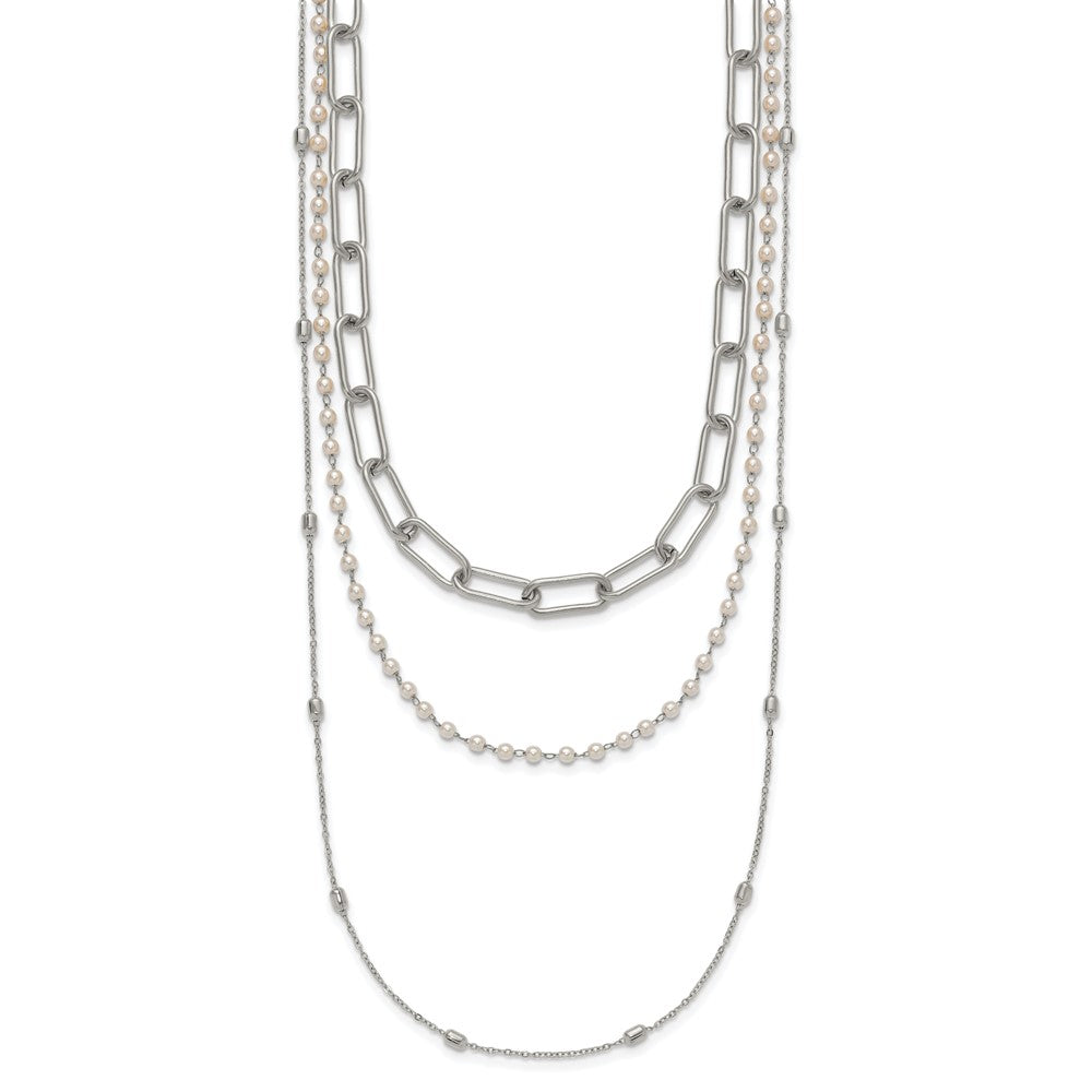 Chisel Stainless Steel Polished Paperclip Link, Beaded Chain and with White Freshwater Cultured Pearl Layered 13.5 inch Plus a 2 inch Extension Necklace
