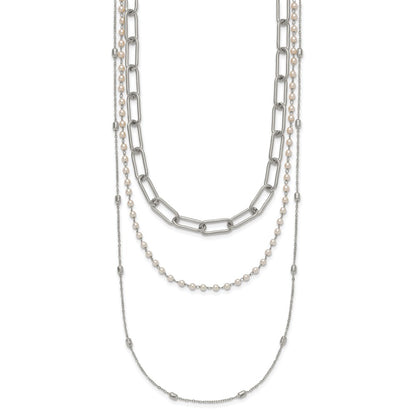 Chisel Stainless Steel Polished Paperclip Link, Beaded Chain and with White Freshwater Cultured Pearl Layered 13.5 inch Plus a 2 inch Extension Necklace
