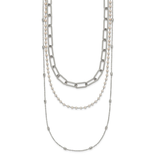 Chisel Stainless Steel Polished Paperclip Link, Beaded Chain and with White Freshwater Cultured Pearl Layered 13.5 inch Plus a 2 inch Extension Necklace