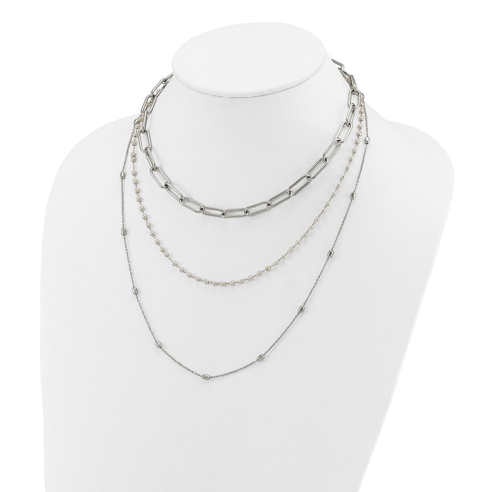 Chisel Stainless Steel Polished Paperclip Link, Beaded Chain and with White Freshwater Cultured Pearl Layered 13.5 inch Plus a 2 inch Extension Necklace