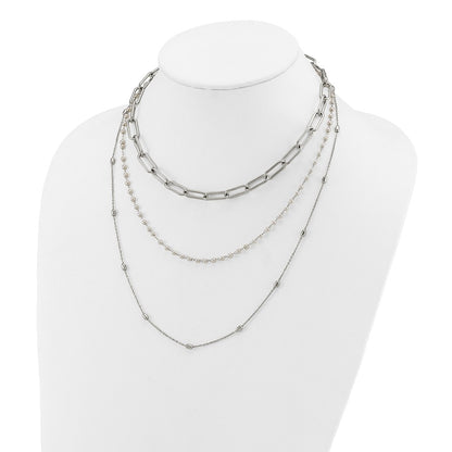 Chisel Stainless Steel Polished Paperclip Link, Beaded Chain and with White Freshwater Cultured Pearl Layered 13.5 inch Plus a 2 inch Extension Necklace