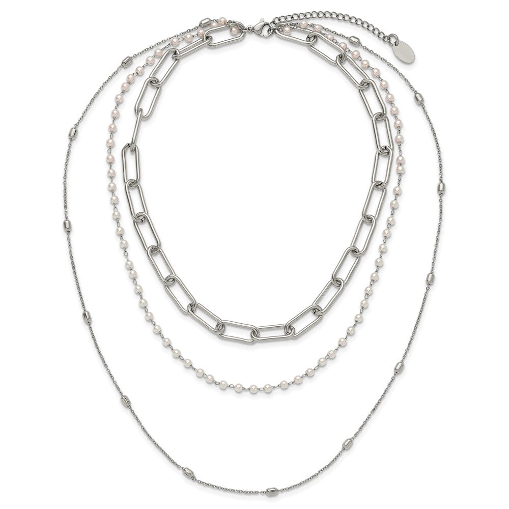 Chisel Stainless Steel Polished Paperclip Link, Beaded Chain and with White Freshwater Cultured Pearl Layered 13.5 inch Plus a 2 inch Extension Necklace