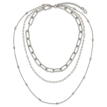 Chisel Stainless Steel Polished Paperclip Link, Beaded Chain and with White Freshwater Cultured Pearl Layered 13.5 inch Plus a 2 inch Extension Necklace