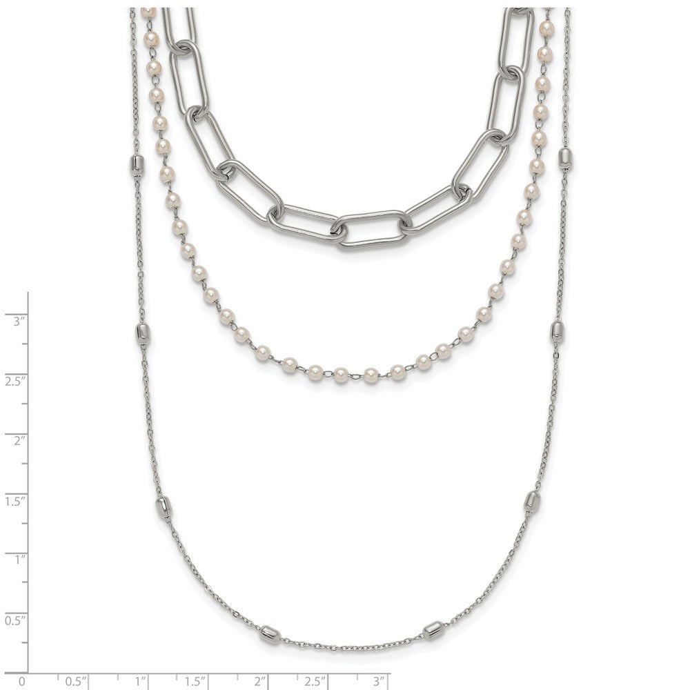 Chisel Stainless Steel Polished Paperclip Link, Beaded Chain and with White Freshwater Cultured Pearl Layered 13.5 inch Plus a 2 inch Extension Necklace