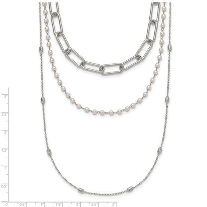Chisel Stainless Steel Polished Paperclip Link, Beaded Chain and with White Freshwater Cultured Pearl Layered 13.5 inch Plus a 2 inch Extension Necklace