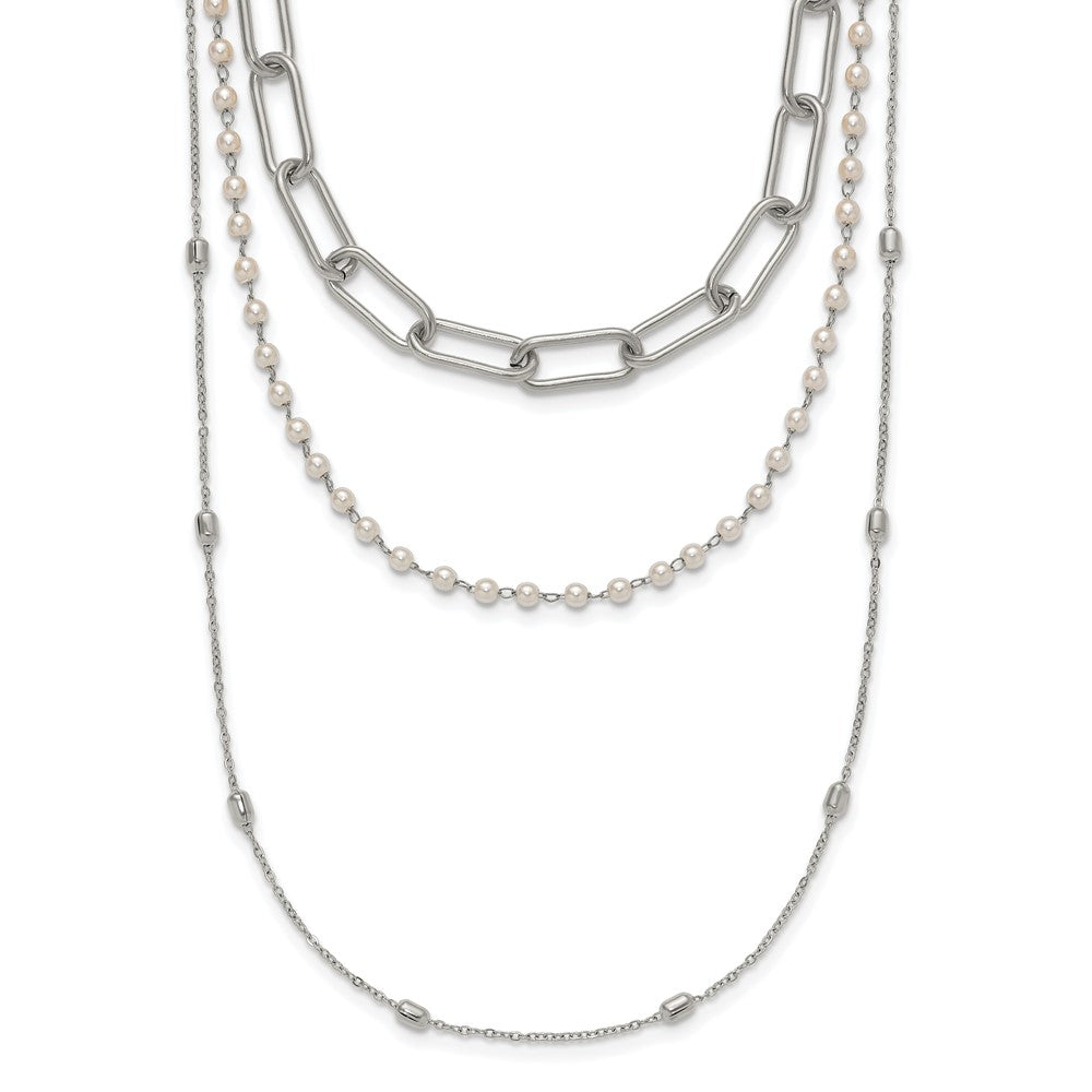 Chisel Stainless Steel Polished Paperclip Link, Beaded Chain and with White Freshwater Cultured Pearl Layered 13.5 inch Plus a 2 inch Extension Necklace