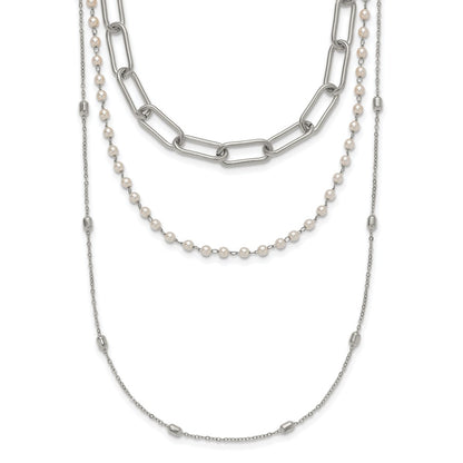 Chisel Stainless Steel Polished Paperclip Link, Beaded Chain and with White Freshwater Cultured Pearl Layered 13.5 inch Plus a 2 inch Extension Necklace