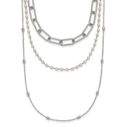Chisel Stainless Steel Polished Paperclip Link, Beaded Chain and with White Freshwater Cultured Pearl Layered 13.5 inch Plus a 2 inch Extension Necklace