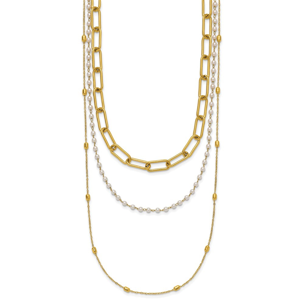 Chisel Stainless Steel Polished Yellow IP-plated Paperclip Link, Beaded Chain and White Freshwater Cultured Pearl Layered 13.5 inch Plus a 2 inch Extension Necklace