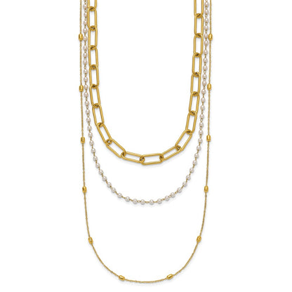 Chisel Stainless Steel Polished Yellow IP-plated Paperclip Link, Beaded Chain and White Freshwater Cultured Pearl Layered 13.5 inch Plus a 2 inch Extension Necklace