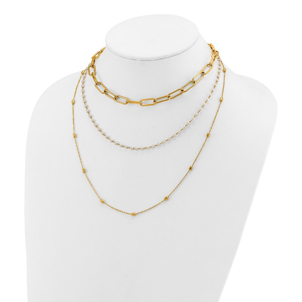 Chisel Stainless Steel Polished Yellow IP-plated Paperclip Link, Beaded Chain and White Freshwater Cultured Pearl Layered 13.5 inch Plus a 2 inch Extension Necklace