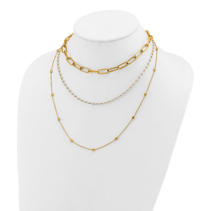 Chisel Stainless Steel Polished Yellow IP-plated Paperclip Link, Beaded Chain and White Freshwater Cultured Pearl Layered 13.5 inch Plus a 2 inch Extension Necklace