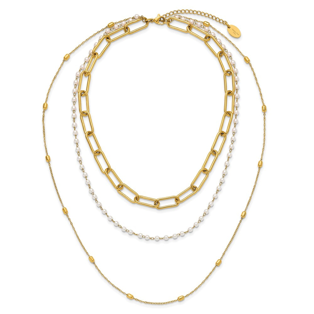 Chisel Stainless Steel Polished Yellow IP-plated Paperclip Link, Beaded Chain and White Freshwater Cultured Pearl Layered 13.5 inch Plus a 2 inch Extension Necklace