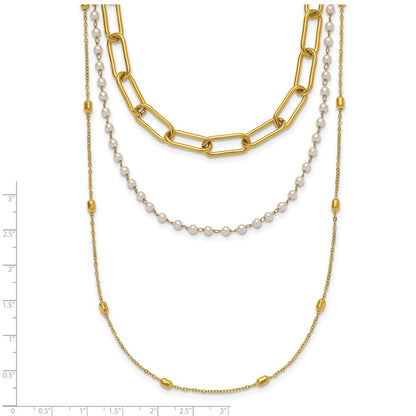 Chisel Stainless Steel Polished Yellow IP-plated Paperclip Link, Beaded Chain and White Freshwater Cultured Pearl Layered 13.5 inch Plus a 2 inch Extension Necklace
