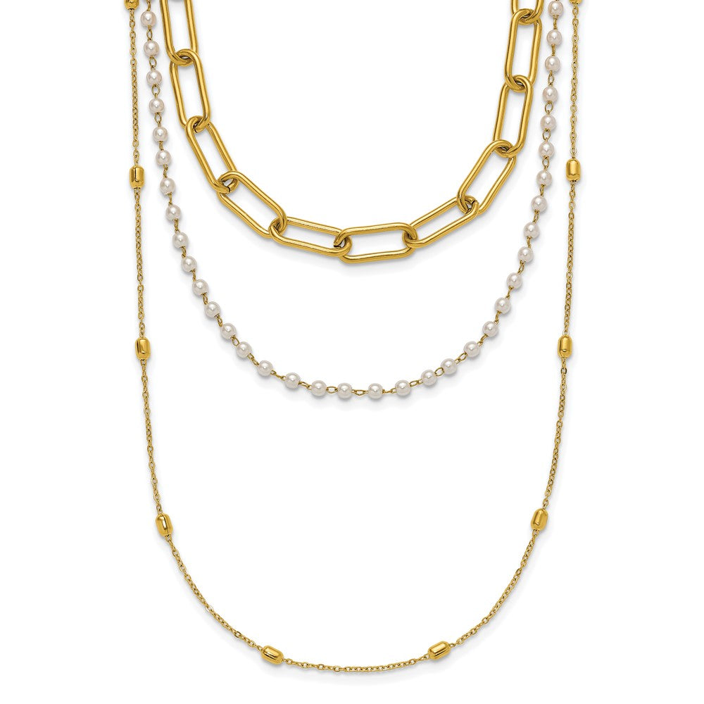 Chisel Stainless Steel Polished Yellow IP-plated Paperclip Link, Beaded Chain and White Freshwater Cultured Pearl Layered 13.5 inch Plus a 2 inch Extension Necklace