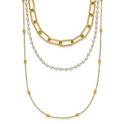 Chisel Stainless Steel Polished Yellow IP-plated Paperclip Link, Beaded Chain and White Freshwater Cultured Pearl Layered 13.5 inch Plus a 2 inch Extension Necklace