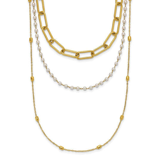 Chisel Stainless Steel Polished Yellow IP-plated Paperclip Link, Beaded Chain and White Freshwater Cultured Pearl Layered 13.5 inch Plus a 2 inch Extension Necklace
