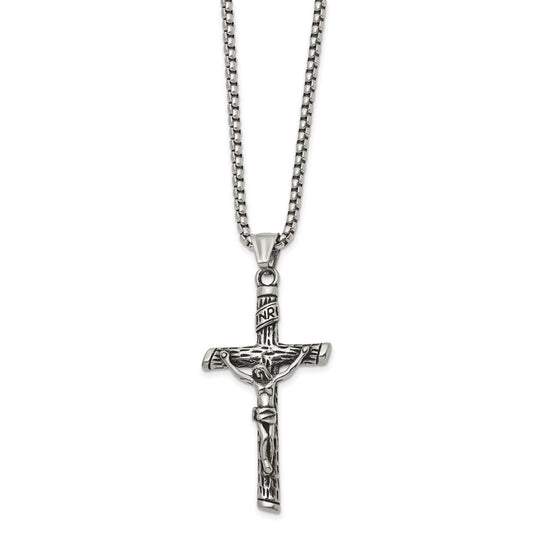 Chisel Stainless Steel Antiqued and Polished INRI Crucifix Pendant on a 22 inch Box Chain Necklace