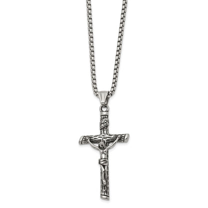 Chisel Stainless Steel Antiqued and Polished INRI Crucifix Pendant on a 22 inch Box Chain Necklace