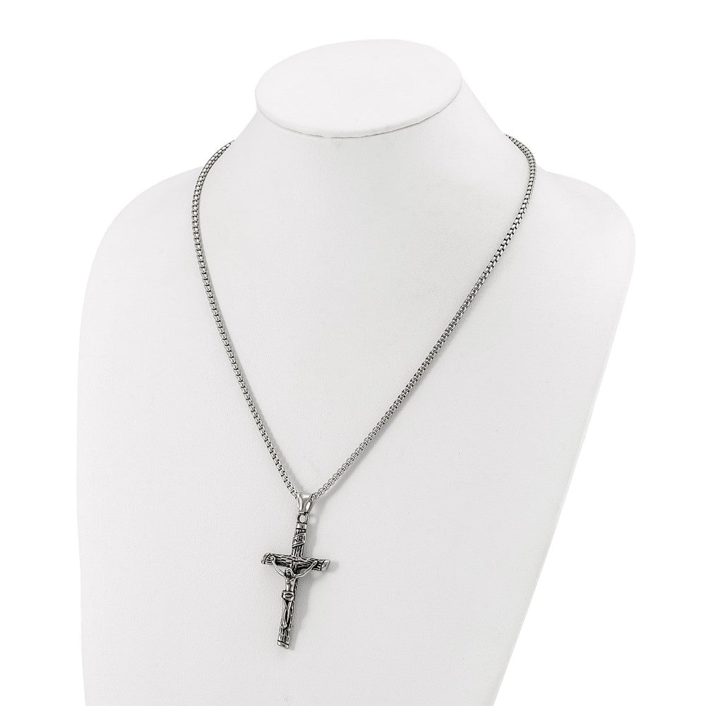 Chisel Stainless Steel Antiqued and Polished INRI Crucifix Pendant on a 22 inch Box Chain Necklace